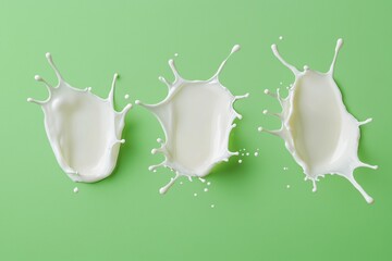 White splashes of milk isolated on green background. Top view.