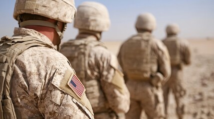 Fototapeta premium A line of soldiers in desert camouflage walk forward beneath a clear sky, embodying strength, duty, and unity on a mission.