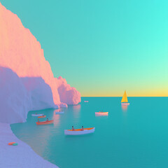 A tranquil cove with deep blue waters, limestone cliffs, sailboats, fishing boats, and kayaks, set in a Mediterranean scene with picnics on the pebbled beach and golden afternoon light.