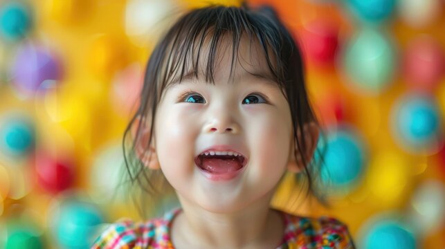 Surrounded by dynamic backgrounds, a curious Asian child's inquisitive expression reveals her insatiable thirst for knowledge and discovery