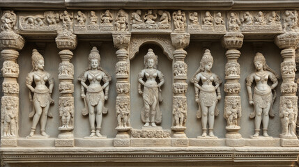 Fototapeta premium Stone Relief of Five Female Figures with Ornate Detail