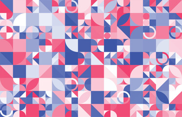 Geometric abstract seamless pattern with colorful simple elements of geometry,circle,stripes,outlines wallpaper background in retro 70s style, Bauhaus constructive style tiles.