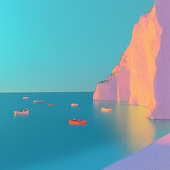 A tranquil cove with deep blue waters, limestone cliffs, sailboats, fishing boats, and kayaks, set in a Mediterranean scene with picnics on the pebbled beach and golden afternoon light.