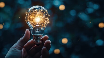 A hand holding a glowing light bulb, symbolizing ideas and innovation.