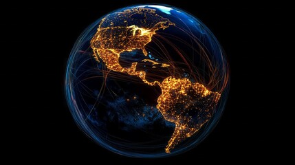 A globe with the United States and Mexico lit up in the night sky