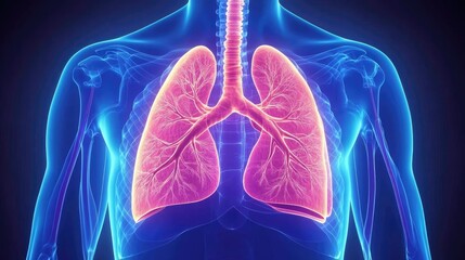 Detailed 3D medical illustration of human lungs, showcasing the intricate network of airways and blood vessels.