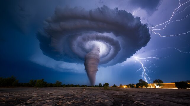 A photo of dramatic and powerful tornado. Lightning thunderstorm flash over the night sky. Concept on topic weather