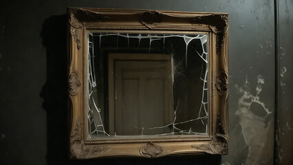 Weathered mirror with spider webs in a dilapidated space.