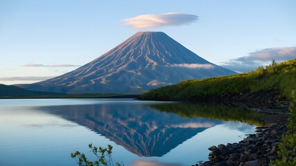 A photo of a volcanic mountain reflected in the calm waters of a lake. The mountain has a crater and is covered in greenery. The sky is clear with a few clouds. 