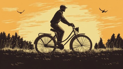 Fototapeta premium Silhouette of a man biking at sunset.