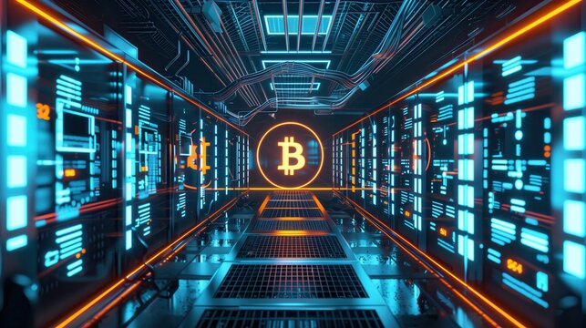 Bitcoin miners in a large farm. ASIC mining equipment on racks mines cryptocurrency. Integrated circuit data center. Bitcoin mining devices stand in a row. Cryptocurrency business.