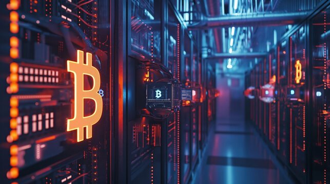 Bitcoin miners in a large farm. ASIC mining equipment on racks mines cryptocurrency. Integrated circuit data center. Bitcoin mining devices stand in a row. Cryptocurrency business.
