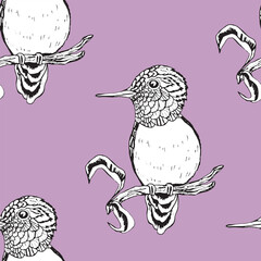 Seamless pattern with funny birds, flowers, leaves. Flat vector illustration with cartoon bird silhouette. Cute characters. Design for invitation, poster, card, textile, fabric