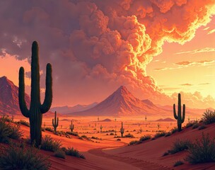 landscape with cactus, cartoon style, big cloud and mountain