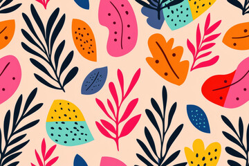 Vibrant and playful illustration of colorful leaves and plants on a pastel background, perfect for nature-themed projects and designs.