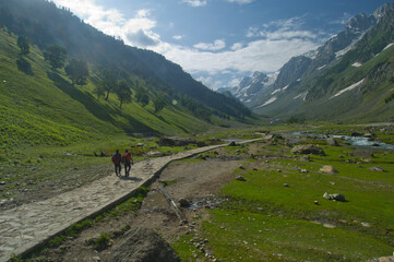 Hiking in the Himalayas towards Thajiwas glacier during summer season, Sonamarg, India.