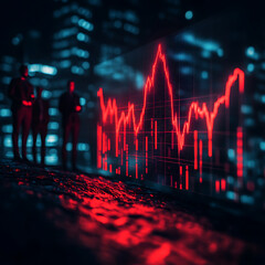 Investors observing fluctuating stock market graph in city at night, reflecting market trends and emotions. red lines symbolize market volatility