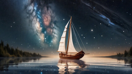 Sailboat gliding under a surreal Milky Way sky.