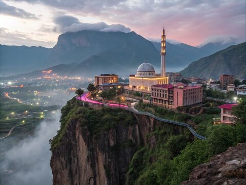 Surreal Scene of Duhok City with Floating Mountains and Dreamlike Skies: A Unique Perspective on Iraqi Architecture and Nature Blending Together in a Captivating Landscape