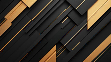 Obraz premium Abstract geometric composition with overlapping black and gold layered shapes and lines, creating a modern and sleek background design.