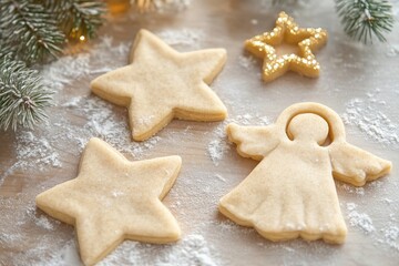 Christmas cookies being prepared on baking paper with fir branches and lights