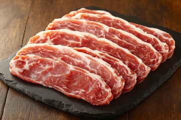 Fototapeta premium Freshly sliced pork ribs arranged on a black slate plate styled for a rustic and hearty barbecue inspired dish perfect for festive meals or gatherings