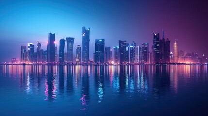 Fototapeta premium Mega tall skyscrapers. Modern glass skyscrapers against the sky. Tall modern skyscrapers with glass facades reflecting the surroundings. Night architecture.