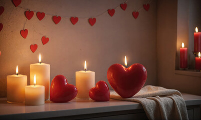 Lit candles and heart-shaped candles sit on a table with a heart garland behind them