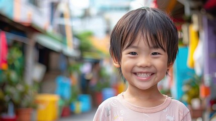 Surrounded by dynamic backgrounds, a curious Asian child's inquisitive expression reveals her insatiable thirst for knowledge and discovery