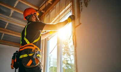 A construction worker in a safety helmet and vest installs a window in a partially renovated room, focusing on precision and safety during the task.