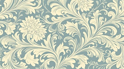 Elegant Blue and Cream Floral Damask Pattern with Swirling Leaves and Blossoms Ideal for Vintage-Inspired Interior Design and Textiles