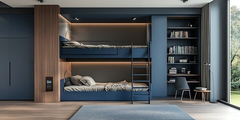 modern blue and grey spacious workspace with bunk bed and elegant wooden bookshelf 
