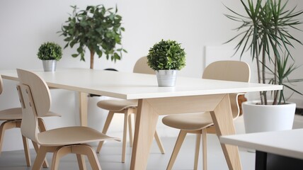 Obraz premium Scandinavian-Inspired Office: A minimalist office with a white or light-wood table, simple modern chairs, and a couple of small potted plants positioned thoughtfully nearby