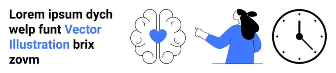 Person pointing at brain with heart, next to text block and clock. Ideal for mental health, time management, healthcare, education, mindfulness, productivity, emotional intelligence. Banner