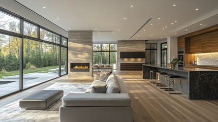 Obraz premium Modern living room with fireplace, large windows, and kitchen in the background.