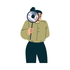 Woman Character with Magnifier as Productive Team Member Vector Illustration