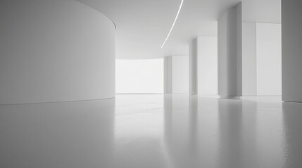 Fototapeta premium Minimalist white interior with a curved wall and glossy floor.