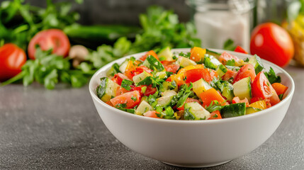 Fresh and colorful vegetable salad featuring diced tomatoes, cucumbers, peppers, and herbs in a white bowl on a textured surface.