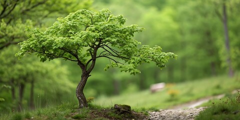 Fototapeta premium Tilt-Shift Photography of Schwarzerle Alnus glutinosa in a Lush Green Forest Setting with Soft Focus and Miniature Effect to Highlight Its Unique Features and Surroundings