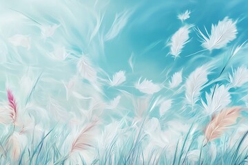 Abstract Painting of White Feathers in a Blue Sky