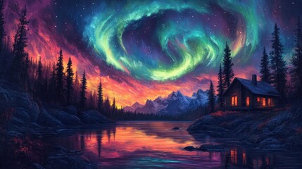 A small cabin sits on a lake shore beneath a vibrant aurora borealis display in a mountainous landscape.