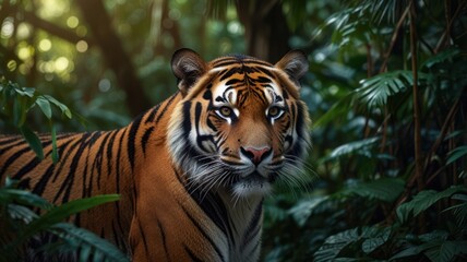 A majestic tiger with piercing blue eyes stares intently from within a dense jungle.