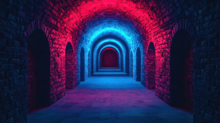 A mystical underground tunnel illuminated with vibrant red and blue lights, featuring stunning stone arches and a mysterious atmosphere.