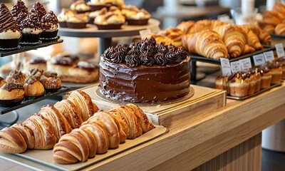 A display of assorted baked goods including a chocolate cake, croissants, and pastries, showcasing a tempting variety of treats in a bakery setting.