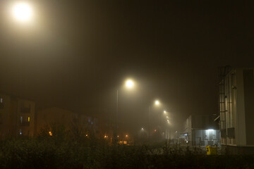 A foggy urban street scene is beautifully illuminated by streetlights, casting a warm glow that creates an atmospheric and mysterious vibe during the nighttime, enhancing its allure and intrigue