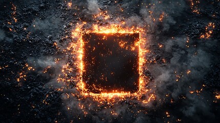 Fiery Frame Surrounded by Glowing Embers and Smoke Creating an Abstract Background for Dynamic Designs and Bold Visual Concepts