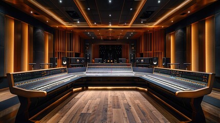 Modern sound recording studio with large mixing console and wood paneling.