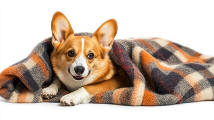 A cute corgi dog lying on a plaid blanket.