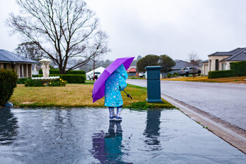 girl on rainy day wearing raincoat and holding purple umbrella splashing in puddle