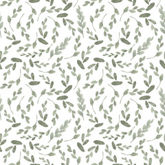 Watercolor seamless pattern of green leaves.Hand drawn elements isolated on light background.